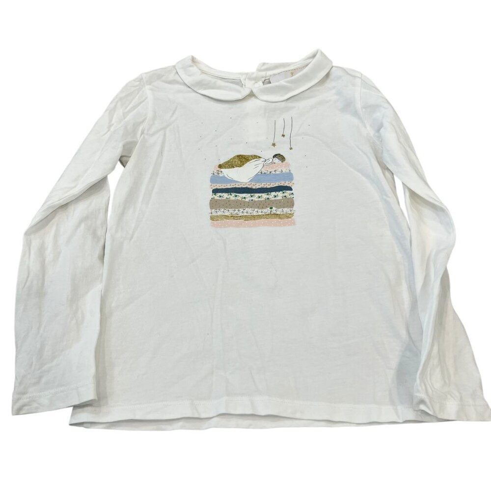 Jacadi Paris Girls Long-Sleeve White Shirt With Glitter Princess & Stars Design